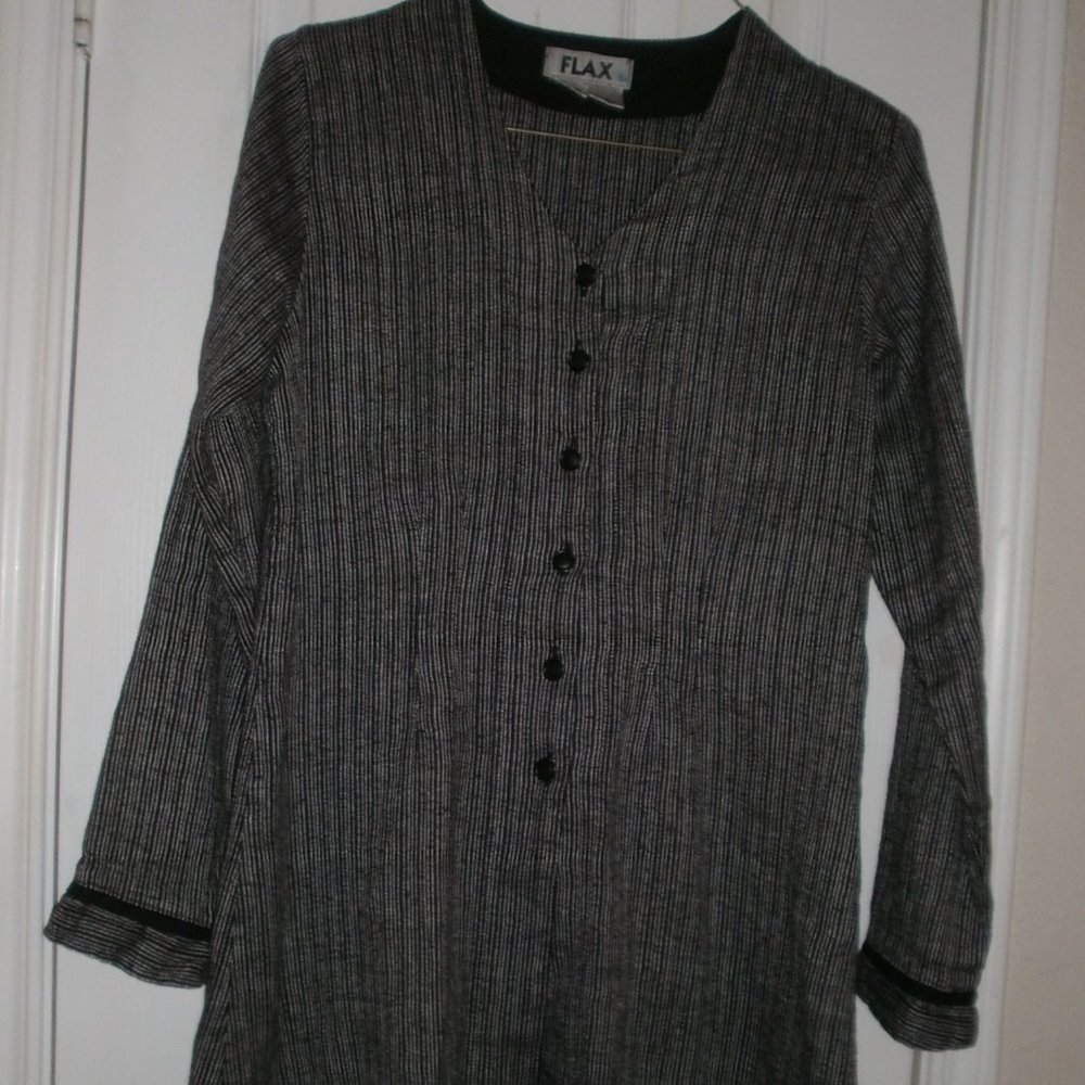 FLAX  sz  Petite 6-10 Black White Stripe Linen SHIRT DRESS TUNIC TOP JACKET